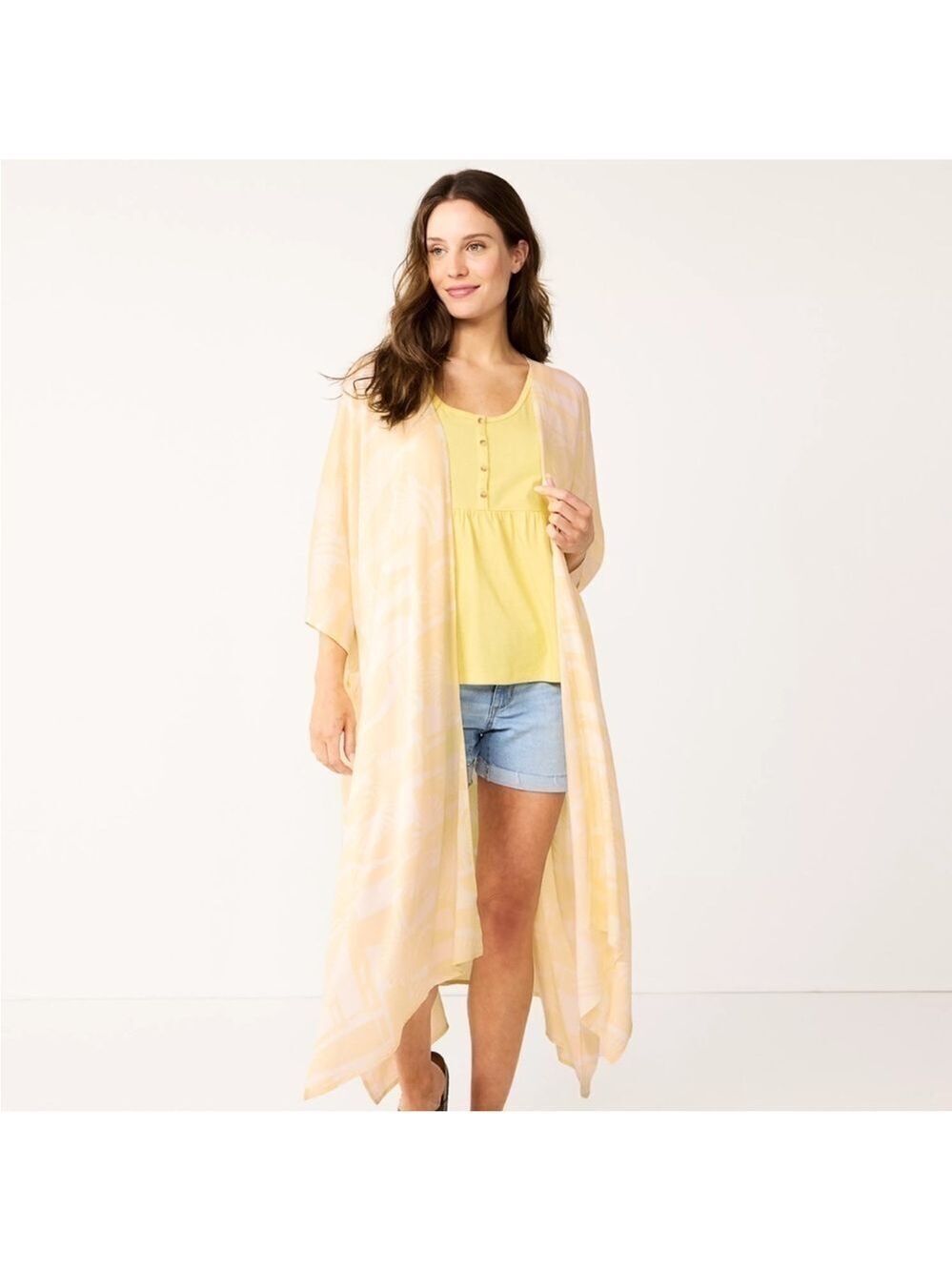 Sonoma Geometric Kimono Wrap Cover Up Short Sleeve Duster in Ivory One Size